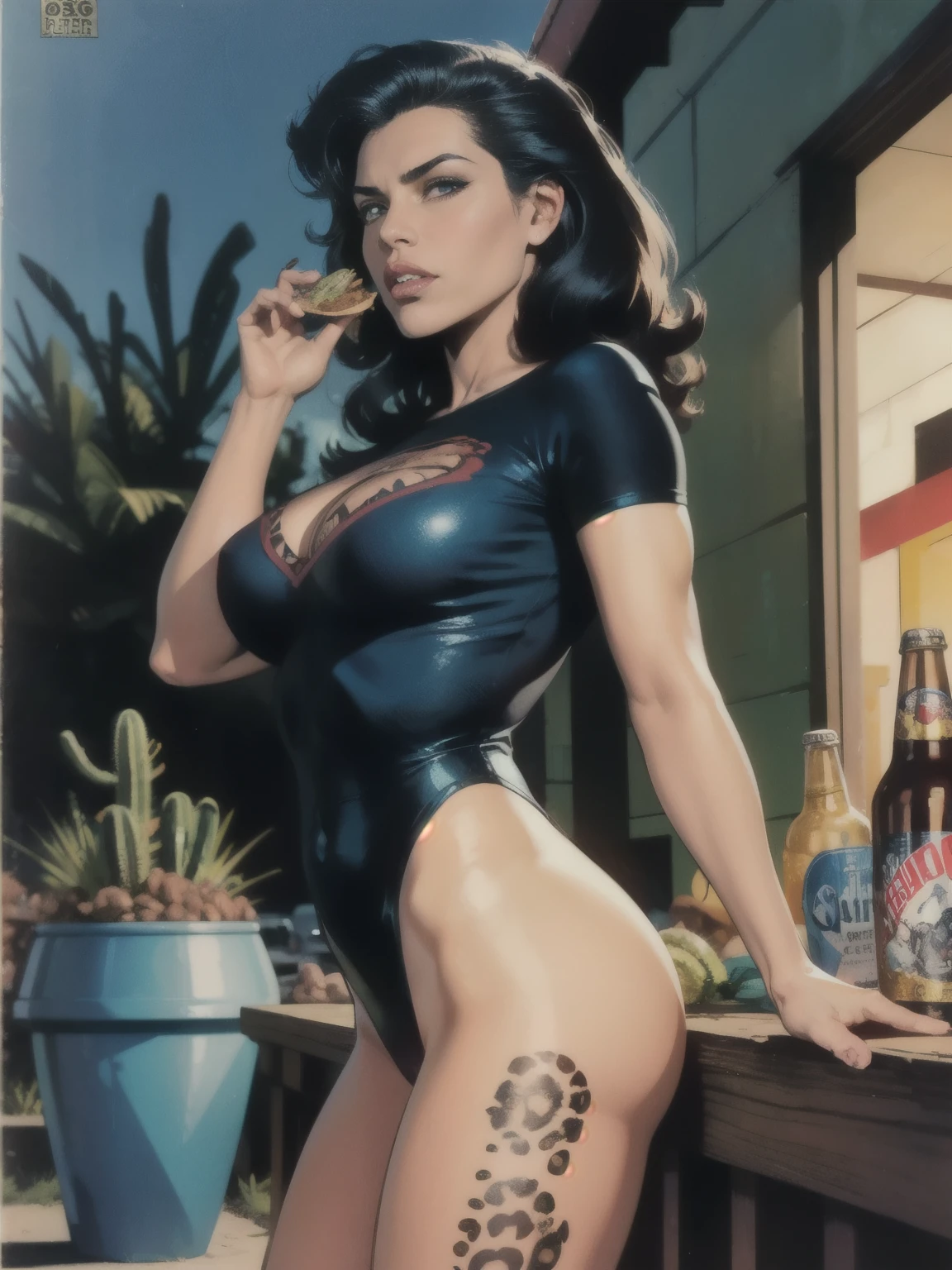 Sexy Mexican girl, ager, wearing leopard print leotards, sheer black t-shirt, outside, in front of cantina, Mexican border town, tacos, Tecate Beer, beans, rice, avocados, sour cream dripping all over her fingers, cactus, scorpion, Spanish guitars, big blue sky, very erotic, by Frazetta, by Brian Bolland, by Oscar Bazaldúa, by Rafael Gallur, by Elmer Batters, by Eric Kroll, lurid vivid colors, soft cinematic lighting, retro, vintage, HD, 8x, intricate details, fun and fiesta like, Mexican fumetti, comic book aesthetic