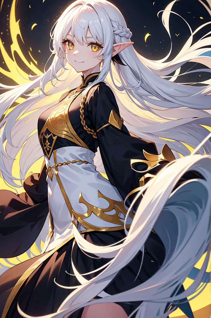 1 girl, One, flowing long hair, yellow eyes, White hair, bare shoulders, skirt, breast, cut off sleeves, long sleeves, hair flaps, closed mouth, black skirt,, shirt, pointed ears, smile,