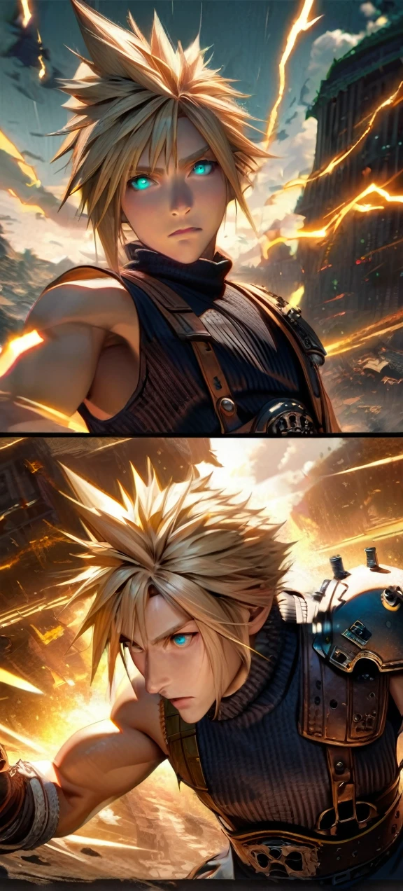 Symetrical,absurdres, highres, ultra detailed, HDR, masterpiece, extremely detailed face and eyes, Cloud Strife,final fantasy 7, yellow hair , , solo, man, handsome, ,, , Epic fight scene, yellow lightning effect, glowing glitters, symetrical 