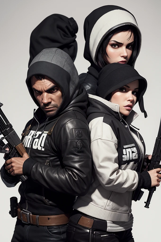 A female bandit and a male bandit holding weapons GTA V white background