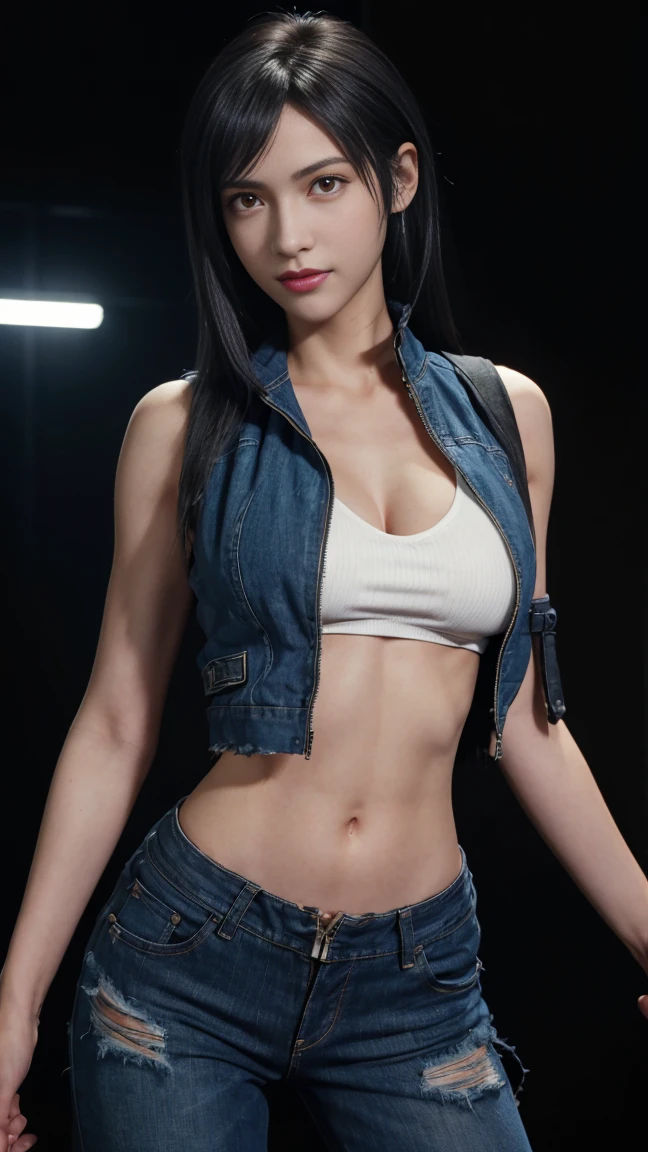 8K, Top Quality, Intricate Details, Ultra Detail, Ultra High Resolution, Masterpiece, close up shot, (full body: 1.1), Slender, Smile, (Makeup: 0.4), ,(( red eyes, black hair, bangs, extra short hair)), (Fluffy Eyes: 1.21), (()), 1girl, solo, 1 girl, ((Tifa,Tifa・lockhart,Final Fantasy 7,FF7,l)), close up shot, , ((tall)), (((fit body))), (((slim face))), sharp face, ((mini open vest, denim open vest, torn denim, open zip denim, open pants)) ,(detailed face), sharp face, small lips, , ,(( )) ,, ,
((,no bra, braless )), , (( )), detailed face, detailed breast, large breast ,huge breast, detail nipples ,, Narrow Waist, Skinny, tall , 190 cm tall, Muscular, Navel, Exposed Abdomen, Pointed Chest,, Beautiful girl with accentuated slender abs: 1.4, Six Pack Abs: 1.4, , Perfect Body, detail legs, (( dark background)), black background,