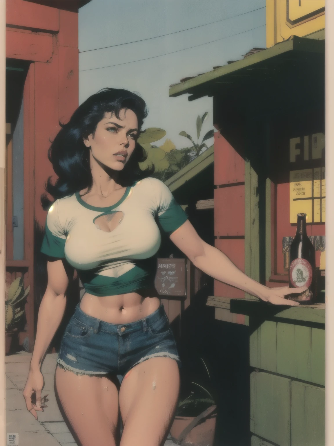 Sexy Mexican girl, teenager, tight ripped jeans, sweaty white cotton blouse, outside, in front of cantina, Mexican border town, tacos, Tecate Beer, beans, rice, avocados, sour cream dripping all over her fingers, cactus, scorpion, Spanish guitars, big blue sky, very erotic, by Frazetta, by Brian Bolland, by Oscar Bazaldúa, by Rafael Gallur, by Elmer Batters, by Eric Kroll, lurid vivid colors, soft cinematic lighting, retro, vintage, HD, 8x, intricate details, reds, greens and yellows, Mexican fumetti, classic comic book aesthetic