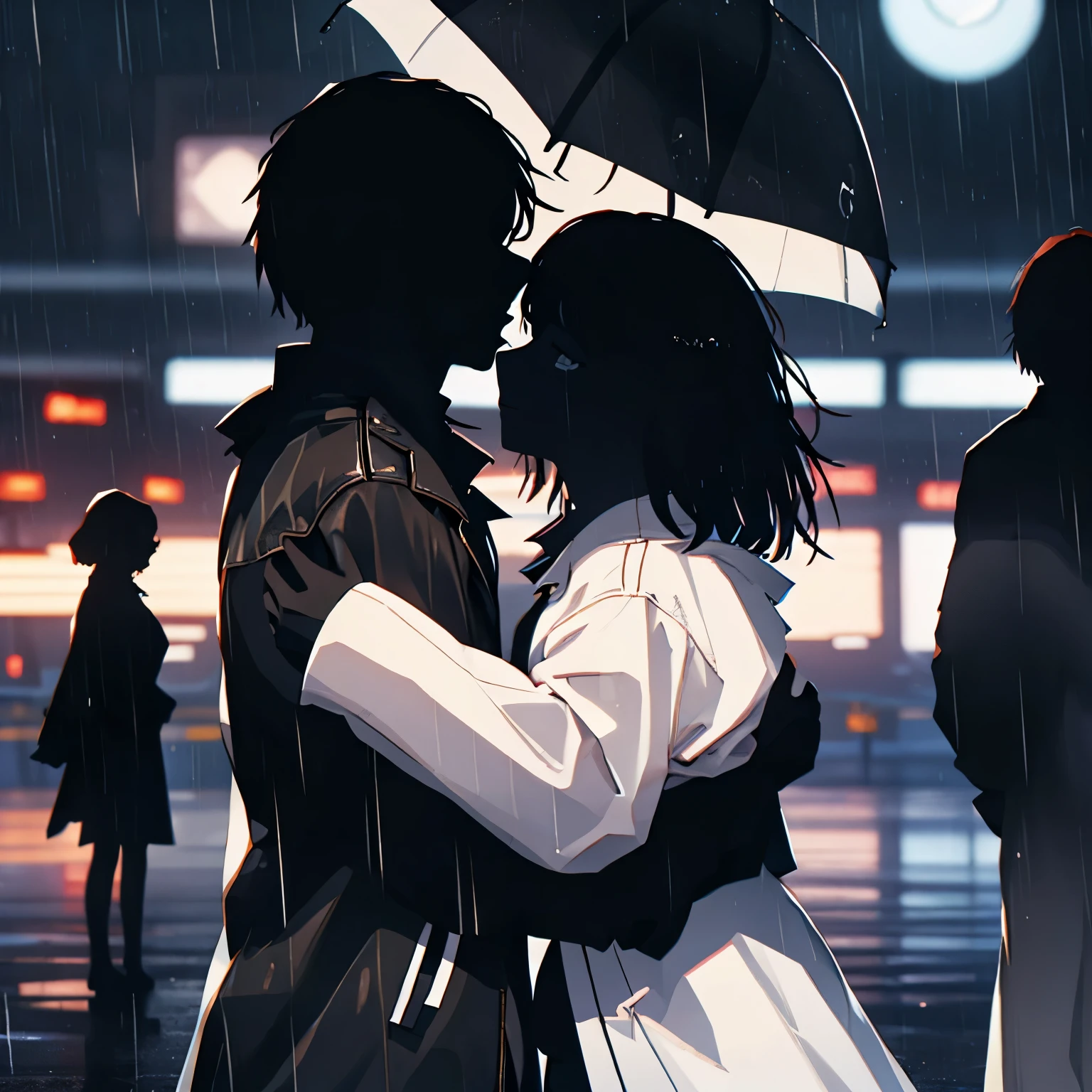 Man wearing a soft hat and black trench coat, hugging a woman in a white coat, background is airport, on the verge of boarding a plane, rainy night, woman's tears,