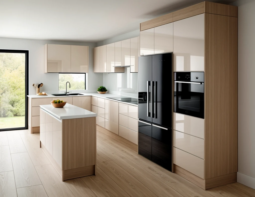 kitchen interior, modern style, oak cabinet and white cabinet, neutral color scheme, a fridge, ((window)), door, beautiful lighting, (realistic:1.2), Raw photo,Masterpiece, high quality, best quality, authentic, super detail,