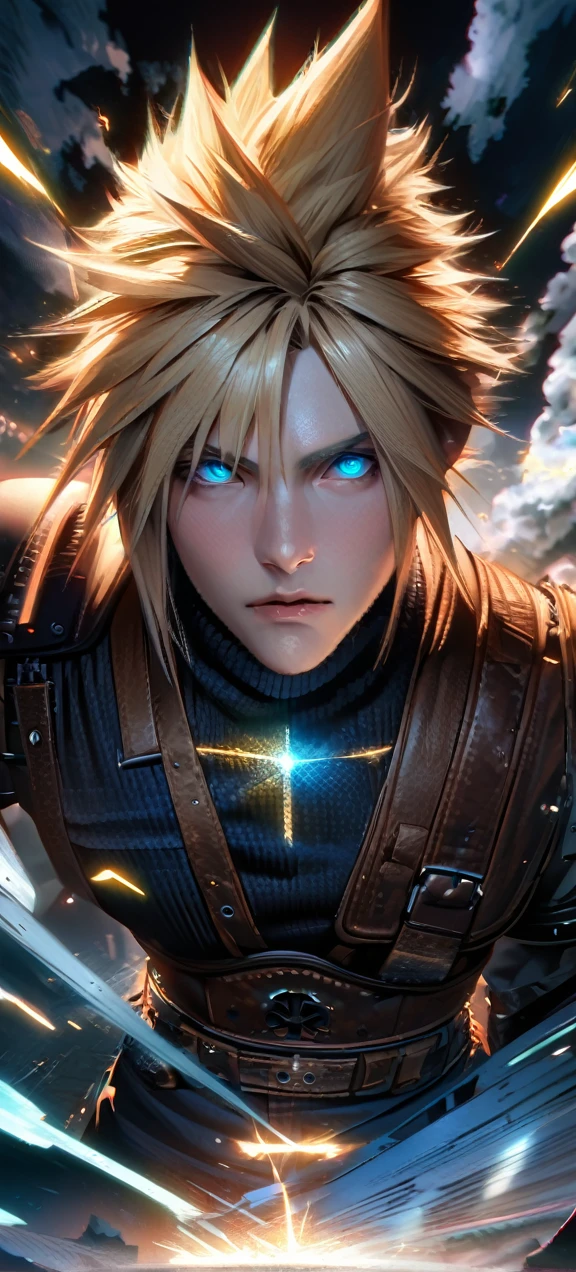 Symetrical,absurdres, highres, ultra detailed, HDR, masterpiece, extremely detailed face and eyes, Cloud Strife,final fantasy 7, yellow hair , , solo, man, handsome, ,, , Epic fight scene, yellow lightning effect, glowing glitters, symetrical
