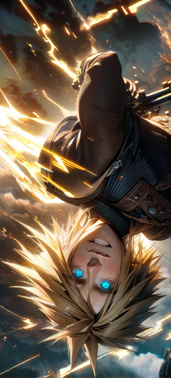 Symetrical,absurdres, highres, ultra detailed, HDR, masterpiece, extremely detailed face and eyes, Cloud Strife,final fantasy 7, yellow hair , , solo, man, handsome, ,, , Epic fight scene, yellow lightning effect, glowing glitters, symetrical