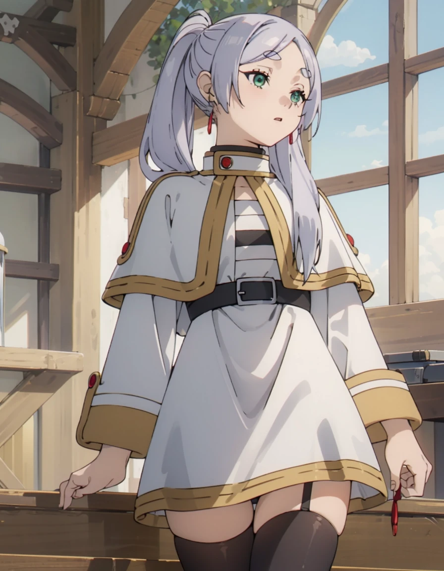 (Highest quality, masterpiece),sexy, ??????, One Girl, 18-year-old, Contempt, pride, Long silver hair, ((Green Eyes)), View your audience, View your audience, Warm Light, ((White Dress))), ((Are standing)), (Small breasts), ((スカートを持ち上げPantiesを見せる)), (Panties,Black Stockings), Two ponytails,