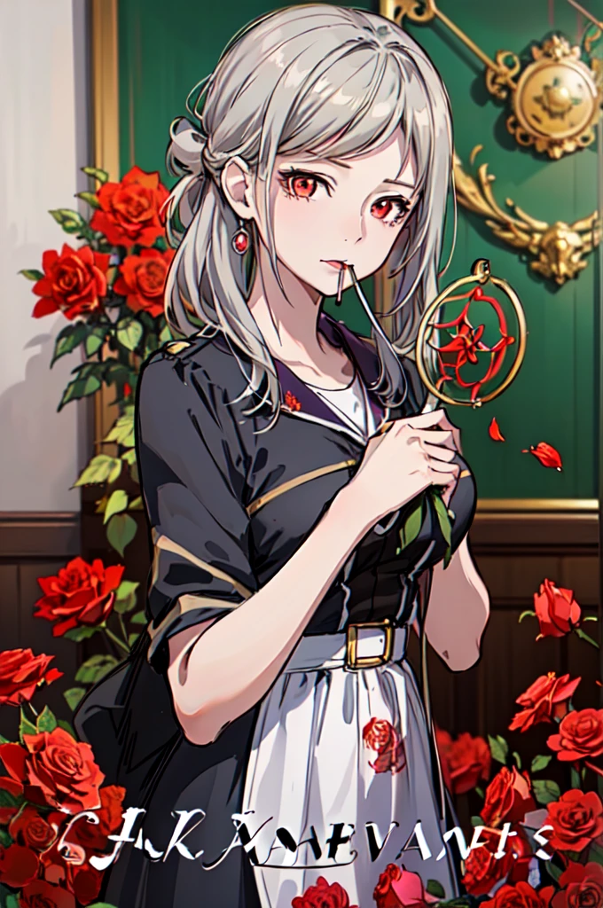 (Highest quality, masterpiece), (One girl, alone, Black Dress, Are standing , View your viewers, Gray Hair, Red eyes, Holding roses, Mouth closed, Upper Body), (Red dream catcher behind, Red flower, )