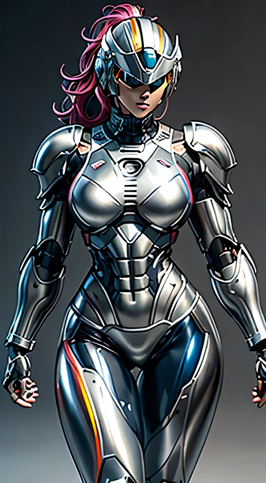 Female Robocop Solo、Bright outdoors、strong light source、8K, high quality, masterpiece, 最high quality, Crisp contrast、Very detailed、Full body armor、Very large armor、Helmet covering the head、Clear photos、His eyes are hidden by thin straight goggles:1.3、The lower half of the face is raw々Shii:1.5、The lower half of the face is exposed、Seductive lips、Rainbow and white metallic armor、Armor that completely covers the chest、Long, slender legs、Vibrant Posselo Body View,Big and ample breasts:1.5, (Sports Body:1.5)、Five Fingers、Hold a handgun、In the city
