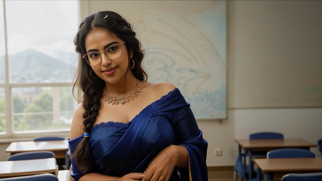 extreme close up photo of ntg avika gor, hourglass figure, big cheeks, curvy, swooping breasts, sexy armpits, standing in classroom, French braid hair, necklace, sultry, nerd glasses, look at viewer and smile, sexy satin silk royal blue see through saree, (cinematic:1.3), intricate details, (ArtStation:1.2)