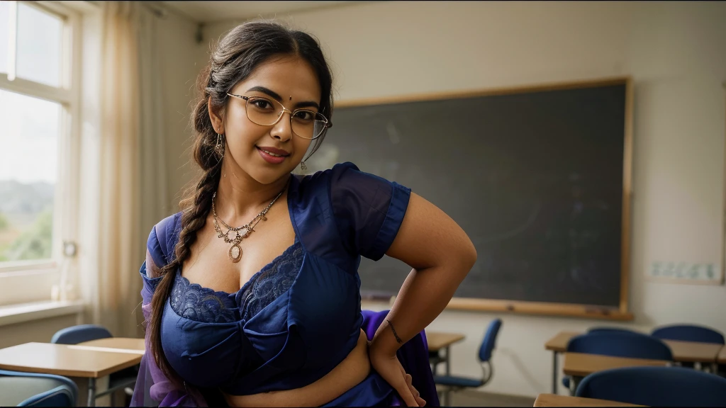 extreme close up photo of ntg avika gor, hourglass figure, big cheeks, curvy, swooping breasts, sexy armpits, standing in classroom, French braid hair, necklace, sultry, nerd glasses, look at viewer and smile, sexy satin silk royal blue see through saree, (cinematic:1.3), intricate details, (ArtStation:1.2)