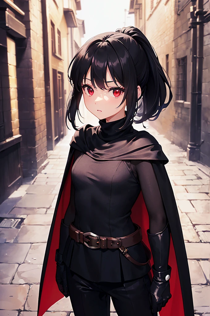 (masterpiece; best quality: 1.2), (finely detailed eyes: 1.3), ((10 year old female ???)), ((solo)), (red eyes: 1.4), (body; short, slender: 1.3), (black hair in ponytail: 1.3), (beautiful and clear background: 1.2), ((depth of field)), (clothes: assassin attire + black turtleneck + black pants + short black shoulder-cape + black gloves + light armor + satchel: 1.3), (anime illustration: 1.2), (background; medieval alleyway: 1.1), (extremely fine and beautiful: 1.1), (shot composition; standing + centered on torso + close-up: 1.5), (expression; calm, stoic: 1.2)