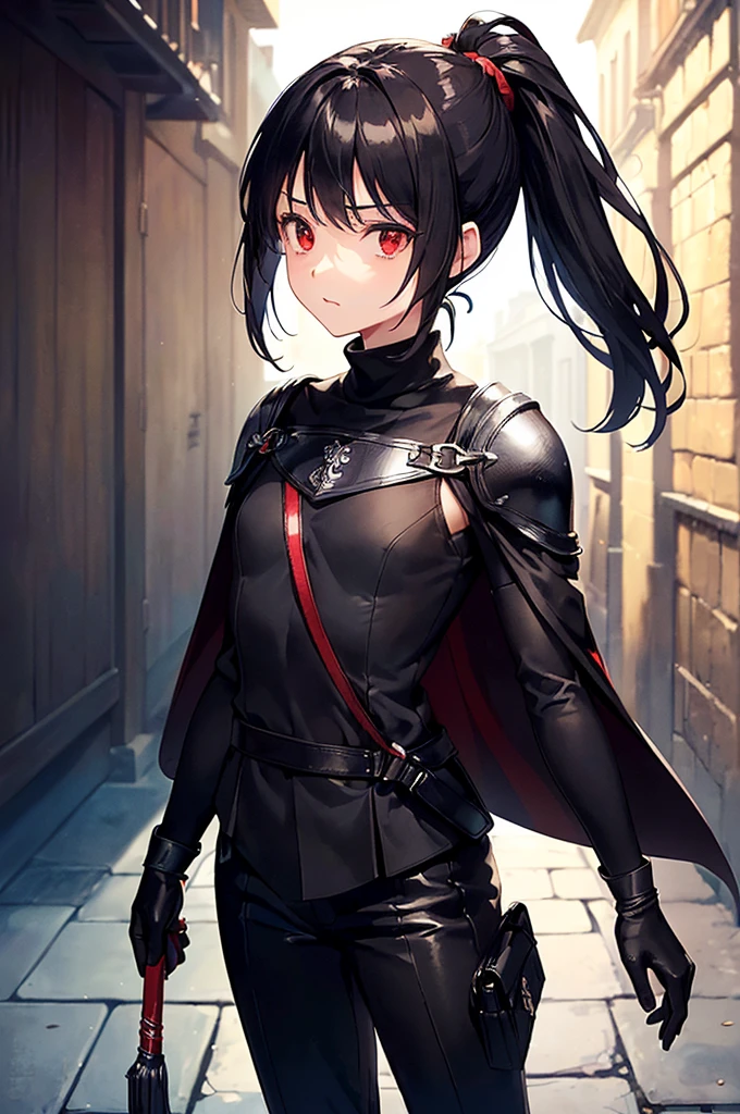 (masterpiece; best quality: 1.2), (finely detailed eyes: 1.3), ((10 year old female kid)), ((solo)), (red eyes: 1.4), (body; short, slender: 1.3), (black hair in ponytail: 1.3), (beautiful and clear background: 1.2), ((depth of field)), (clothes: assassin attire + black turtleneck + black pants + short black shoulder-cape + black gloves + light armor + satchel: 1.3), (anime illustration: 1.2), (background; medieval alleyway: 1.1), (extremely fine and beautiful: 1.1), (shot composition; standing + centered on torso + close-up: 1.5), (expression; calm, stoic: 1.2)