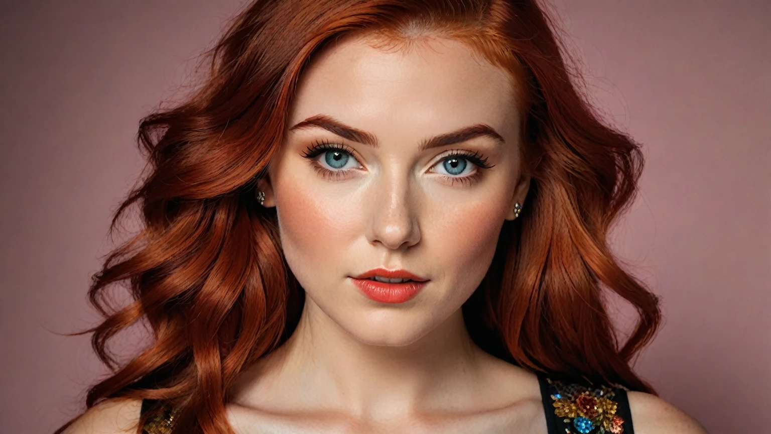 a beautiful young woman, Mandy Lee, the lead singer of the pop group MisterWives, with a wide face, fiery red hair, freckled skin, a flat broad nose, breasts of ideal form, a flat toned stomach with a navel, (best quality,4k,8k,highres,masterpiece:1.2),ultra-detailed,(realistic,photorealistic,photo-realistic:1.37),portrait,pop art,vibrant colors,warm lighting,intricate details