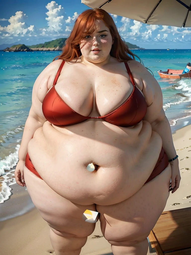 The most beautiful very obese young obese ussbbw fat redhead woman with long rich curly natural ginger hair, natural beautiful cute face, blue eyes, freckles on face and body, busty obese ussbbw fat feminine body, huge fat obese bloated soft belly, very wide hips and large fat booty, fat arms, thicc fat wide obese legs in a beautiful tight red bikini on a beach