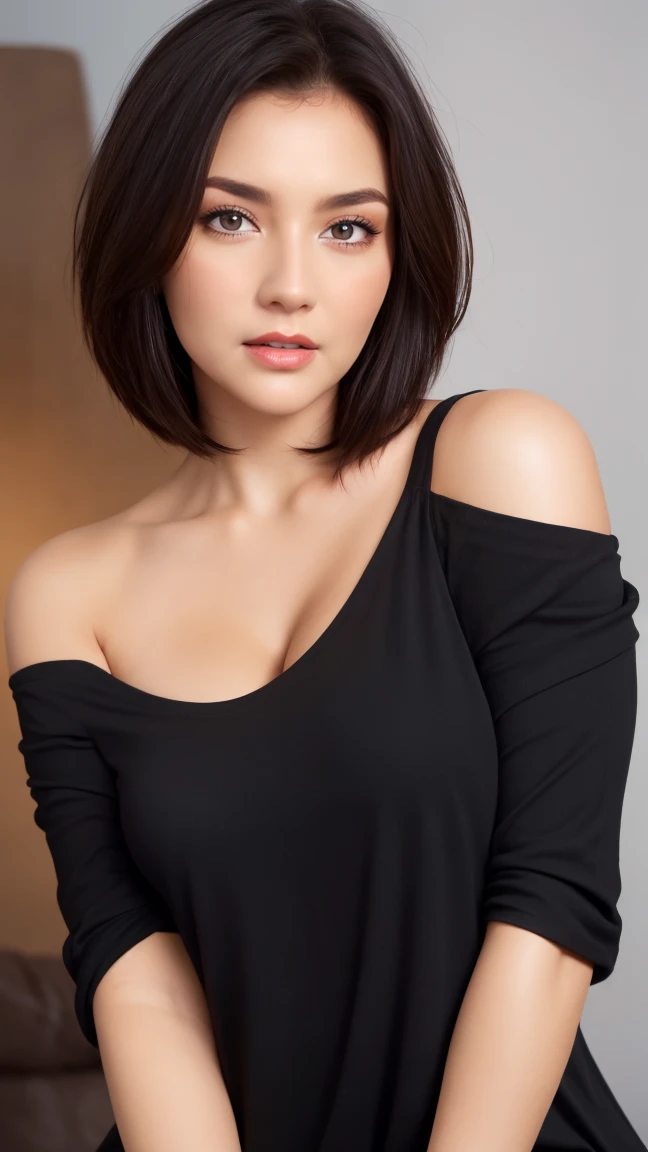 Skin Tight Black Top:1.2、look at viewer、cinematic lighting、perfect、soft light、High resolution skin:1.2、realistic skin texture、30 year old mature woman、small face、no makeup、off shoulder、Bust B Cup、 exposed cleavage、red eyes、short hair、dark brown hair、gray background、