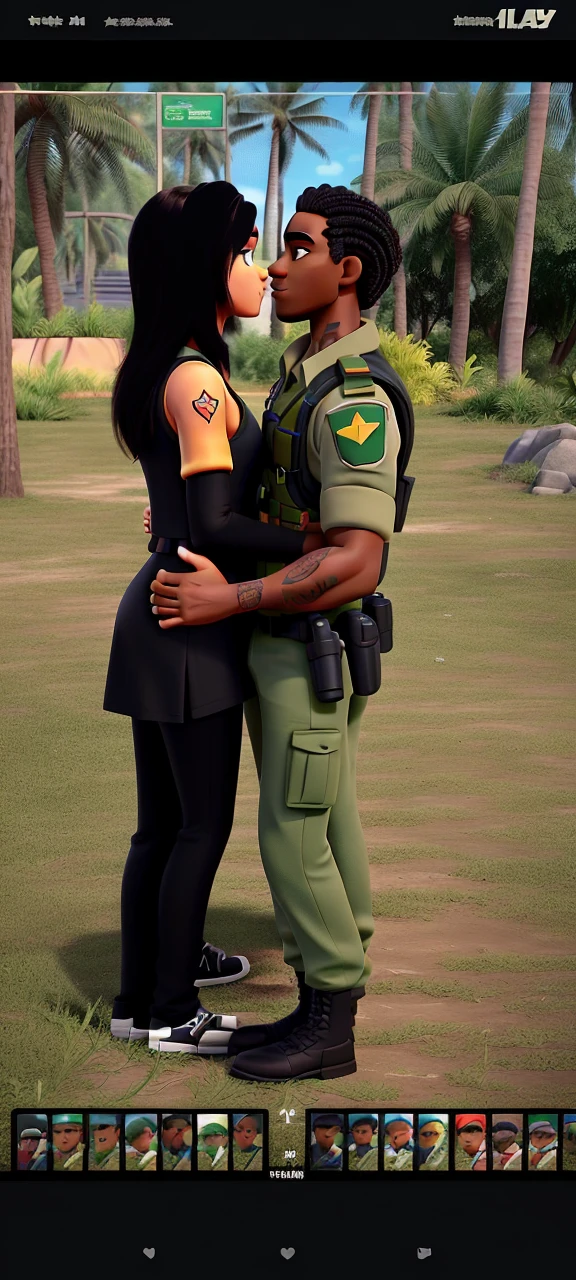 Couple (dark-skinned man and man with tattoos on his arm and man from the Brazilian military army, Green uniform and brunette woman in sexy black dress) not Disney Pixar style, high qualiy, best qualityer.