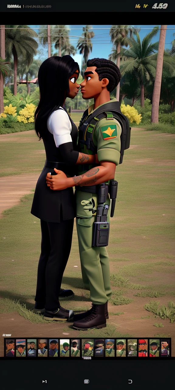 Couple (dark-skinned man and man with tattoos on his arm and man from the Brazilian military army, Green uniform and brunette woman in sexy black dress) not Disney Pixar style, high qualiy, best qualityer.