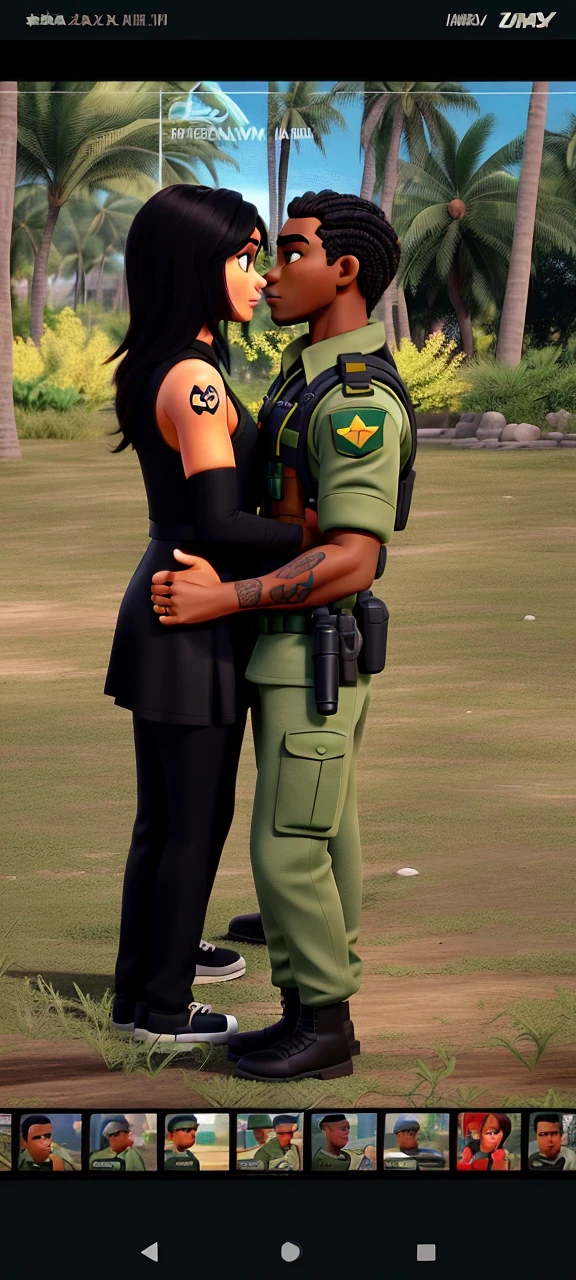 Couple (dark-skinned man and man with tattoos on his arm and man from the Brazilian military army, Green uniform and brunette woman in sexy black dress) not Disney Pixar style, high qualiy, best qualityer.