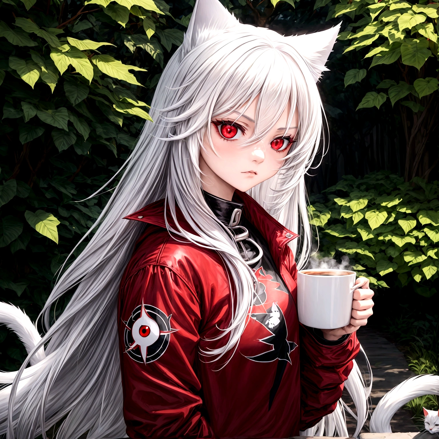 1 girl, beautiful, cool, intimidation, long hair, white hair, cat ear, red eye, black jacket, red t-shirt, holding a coffee, nature place, 10 finger, anime, perfect, masterpiece