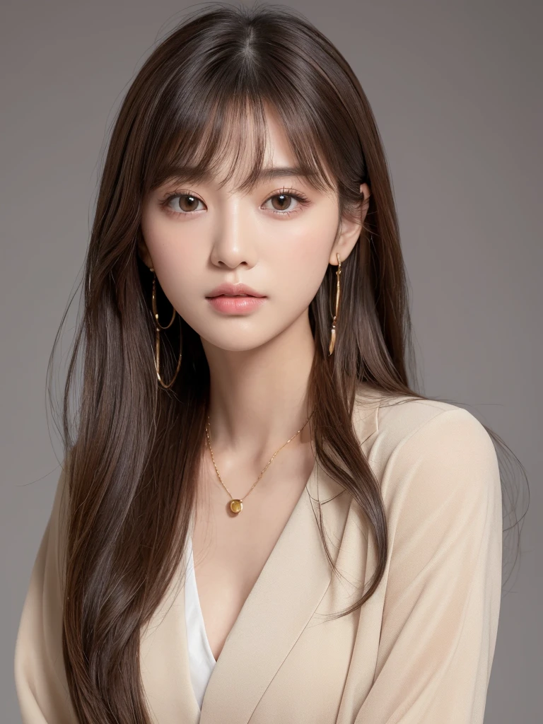 ((Highest quality, 8K, masterpiece:1.3)), concentrate: 1.2, Perfect body beauty: 1.4, Hips: 1.2, ((Long Hair, chest: 1.2)), (Dry clothes: 1.1) , (clear, Simple Background:1.3), Simple clothes: 1.1, Highly detailed face and skin texture,Delicate eyes, double eyelid, Whitened skin, Rough skin、Long Hair、Earrings with bangs、necklace、 solo、Beige coat、White shirt, (((Beautiful girl with cute Japan)))、 ((Beautiful Japanese girl 20 years old))、 ((Baby Face))、 (((Slender body)))、 Upper Body,Face focus、necklace,Simple Background,From above, Realistic Hair、 A photograph was taken:Canon EOS R6、135mm、1/1250 seconds、f2.8、ISO400、(Detailed explanation of the hand)、(Masseter muscle area)、(Exquisite CG)、Long Hair, loose and curly hair、Korean Hair、Long Hair明るいベージュ色、グラデーションハイライトグレージュのゆるふわLong Hairスタイル、