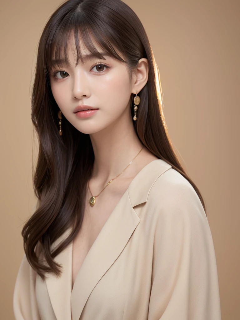 ((Highest quality, 8K, masterpiece:1.3)), concentrate: 1.2, Perfect body beauty: 1.4, Hips: 1.2, ((Long Hair, chest: 1.2)), (Dry clothes: 1.1) , (clear, Simple Background:1.3), Simple clothes: 1.1, Highly detailed face and skin texture,Delicate eyes, double eyelid, Whitened skin, Rough skin、Long Hair、Earrings with bangs、necklace、 solo、Beige coat、White shirt, (((Beautiful girl with cute Japan)))、 ((Beautiful Japanese girl 20 years old))、 ((Baby Face))、 (((Slender body)))、 Upper Body,Face focus、necklace,Simple Background,From above, Realistic Hair、 A photograph was taken:Canon EOS R6、135mm、1/1250 seconds、f2.8、ISO400、(Detailed explanation of the hand)、(Masseter muscle area)、(Exquisite CG)、Long Hair, loose and curly hair、Korean Hair、Long Hair明るいベージュ色、グラデーションハイライトグレージュのゆるふわLong Hairスタイル、
