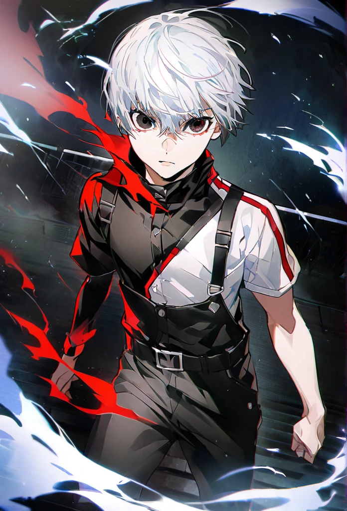 ```
ken kaneki, Tokyo Ghoul,black、hair, black outfit, half-ghoul, serious expression, red kakugan eye, detailed face, high quality、Kind Face、Standing aura、Wear the wind、Overall view、Standing there、masterpiece
```