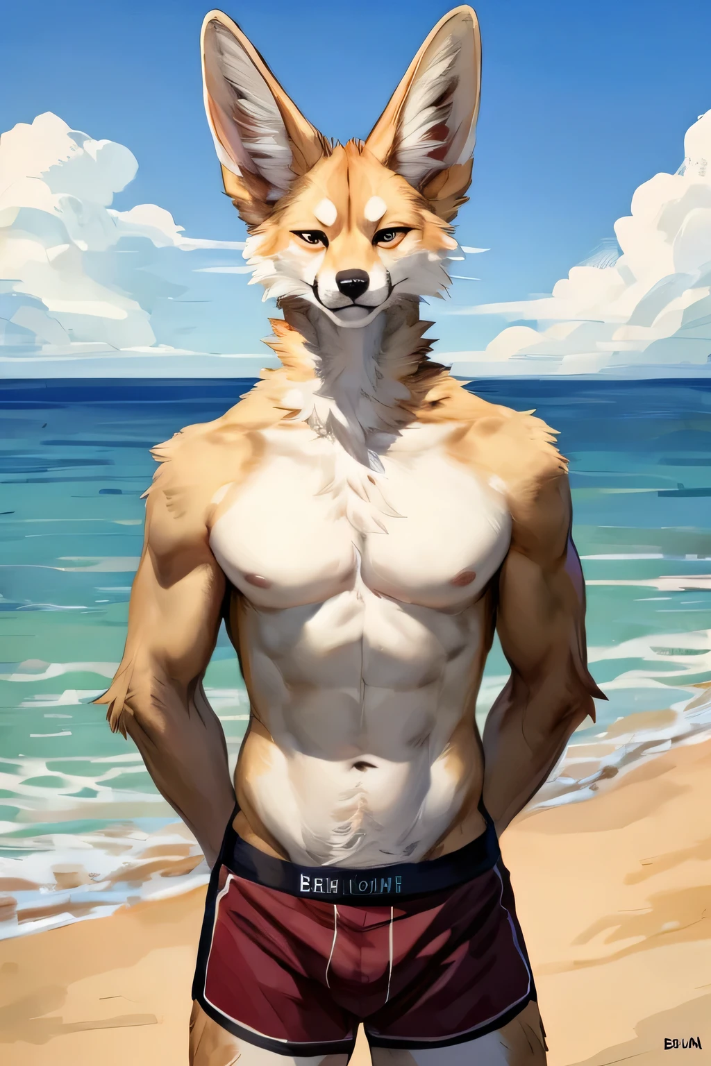 (solo, furry, anthro, hyper realistic, realistic fur), male, front view, muscular body, Fennec, smug, smirk, blushing, head tilted, wearing ((dark red)) boxer shorts, hands behind back, standing, beach, blurred background, by bebebebebe:1.2, by buta99,by foxovh, by ruan jia