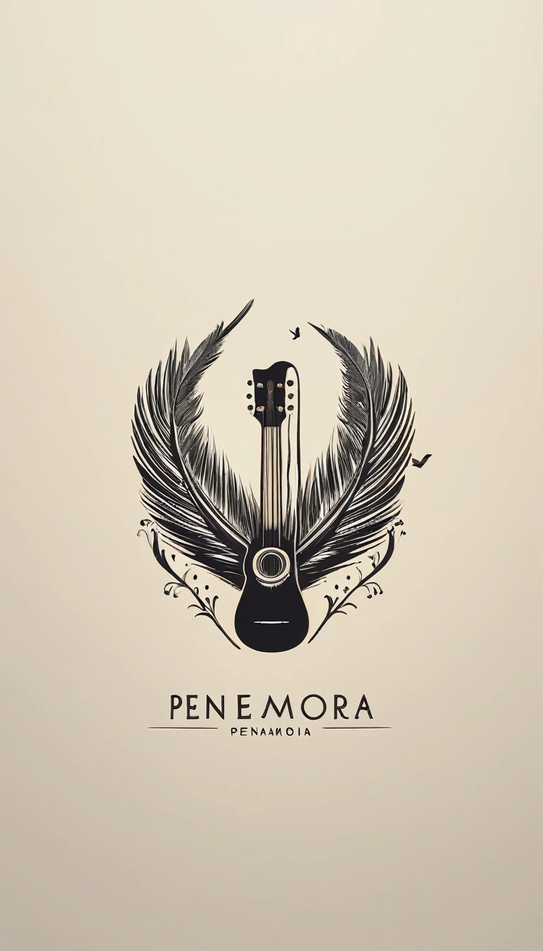 A minimal, modern, simple, cinematic logotype for the brand “Penamemoria". The logotype must be a simple, magical feather and a boy playing acoustic guitar. The logo must convey a sense of music, stories and dreams. Logo design impressed on a book cover. Minimalistic logo
