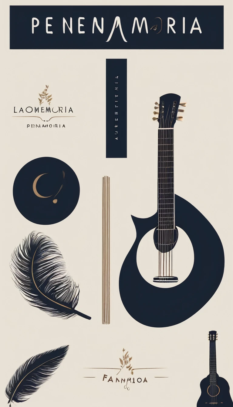A minimal, modern, simple, cinematic logotype for the brand “Penamemoria". The logotype must be a simple, magical feather and a boy playing acoustic guitar. The logo must convey a sense of music, stories and dreams. Logo design impressed on a book cover. Minimalistic logo