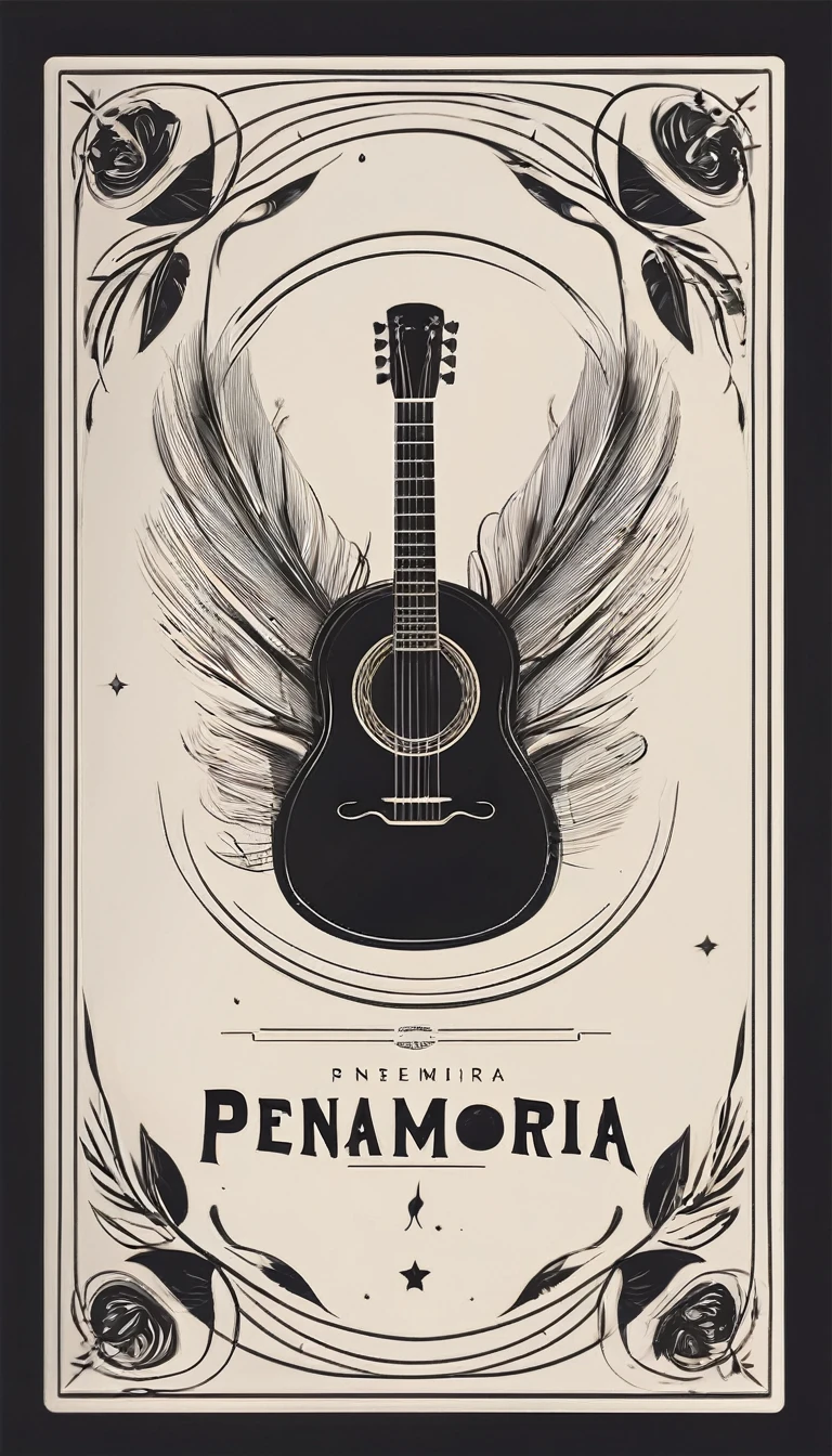 A minimal, modern, simple, cinematic logotype for the brand “Penamemoria". The logotype must be a simple, magical feather and a boy playing acoustic guitar. The logo must convey a sense of music, stories and dreams. Logo design impressed on a book cover. Minimalistic logo
