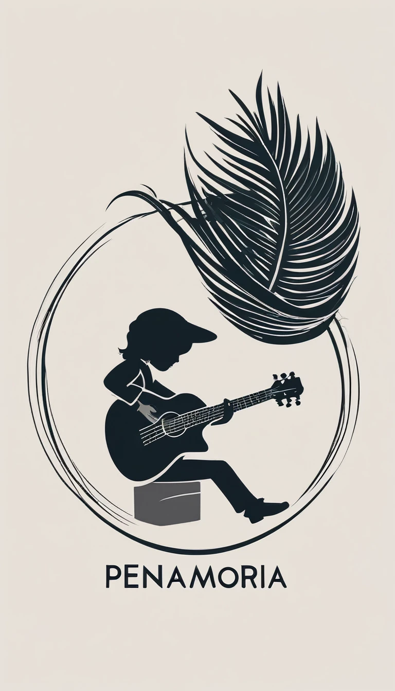 A minimal, modern, simple, cinematic logotype for the brand “Penamemoria". The logotype must be a simple, magical feather and a boy playing acoustic guitar. The logo must convey a sense of music, stories and dreams. Logo design impressed on a book cover. Minimalistic logo
