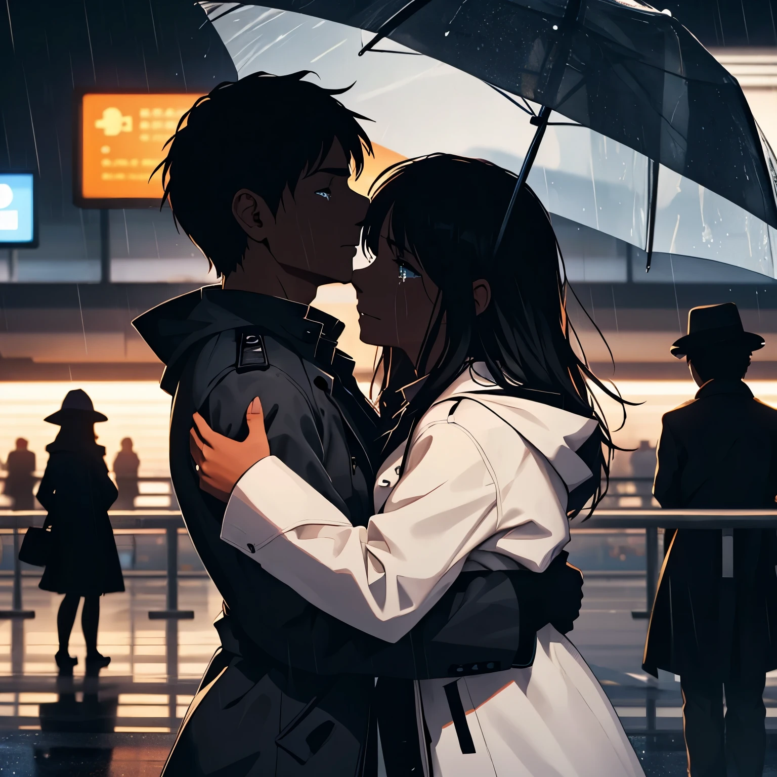 Man wearing a soft hat and black trench coat, hugging a woman in a white coat, background is airport, on the verge of boarding a plane, rainy night, woman's tears,