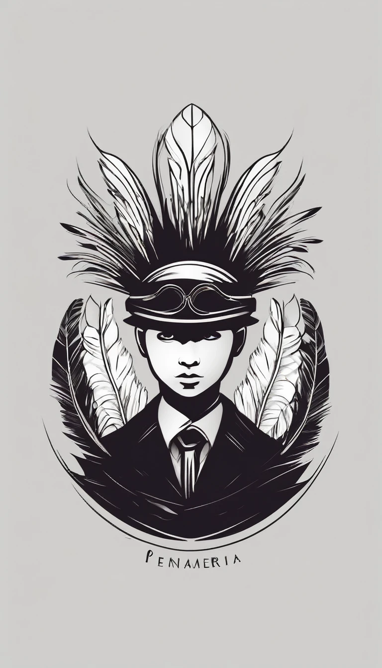 A minimal, modern, simple, cinematic logo design e of a boy with a head full of feathers for the brand “Penamemoria" .
