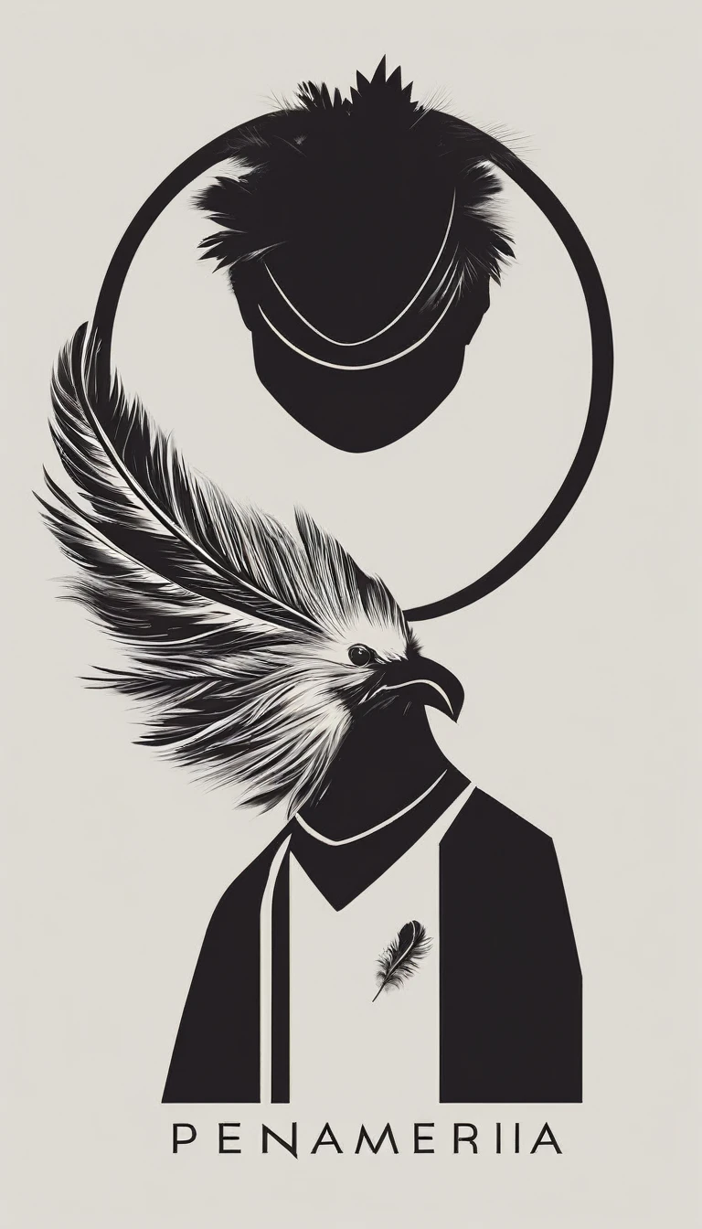 A minimal, modern, simple, cinematic logo design e of a boy with a head full of feathers for the brand “Penamemoria" .