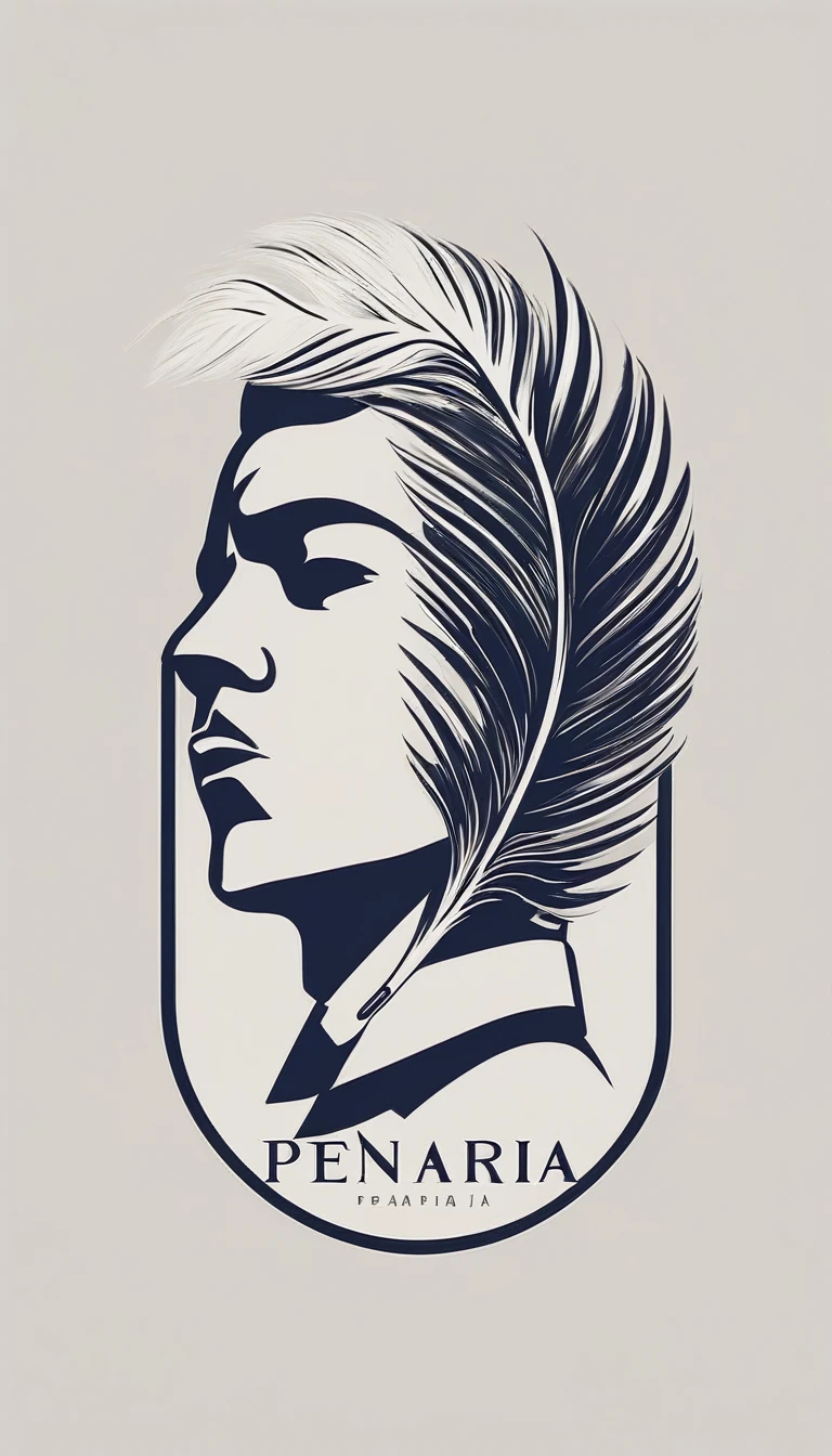 A minimal, modern, simple, cinematic logo design e of a boy with a head full of feathers for the brand “Penamemoria" .