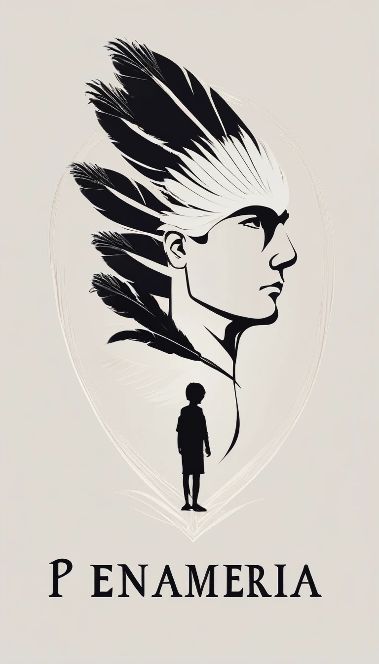 A minimal, modern, simple, cinematic logo design e of a boy with a head full of feathers for the brand “Penamemoria" .