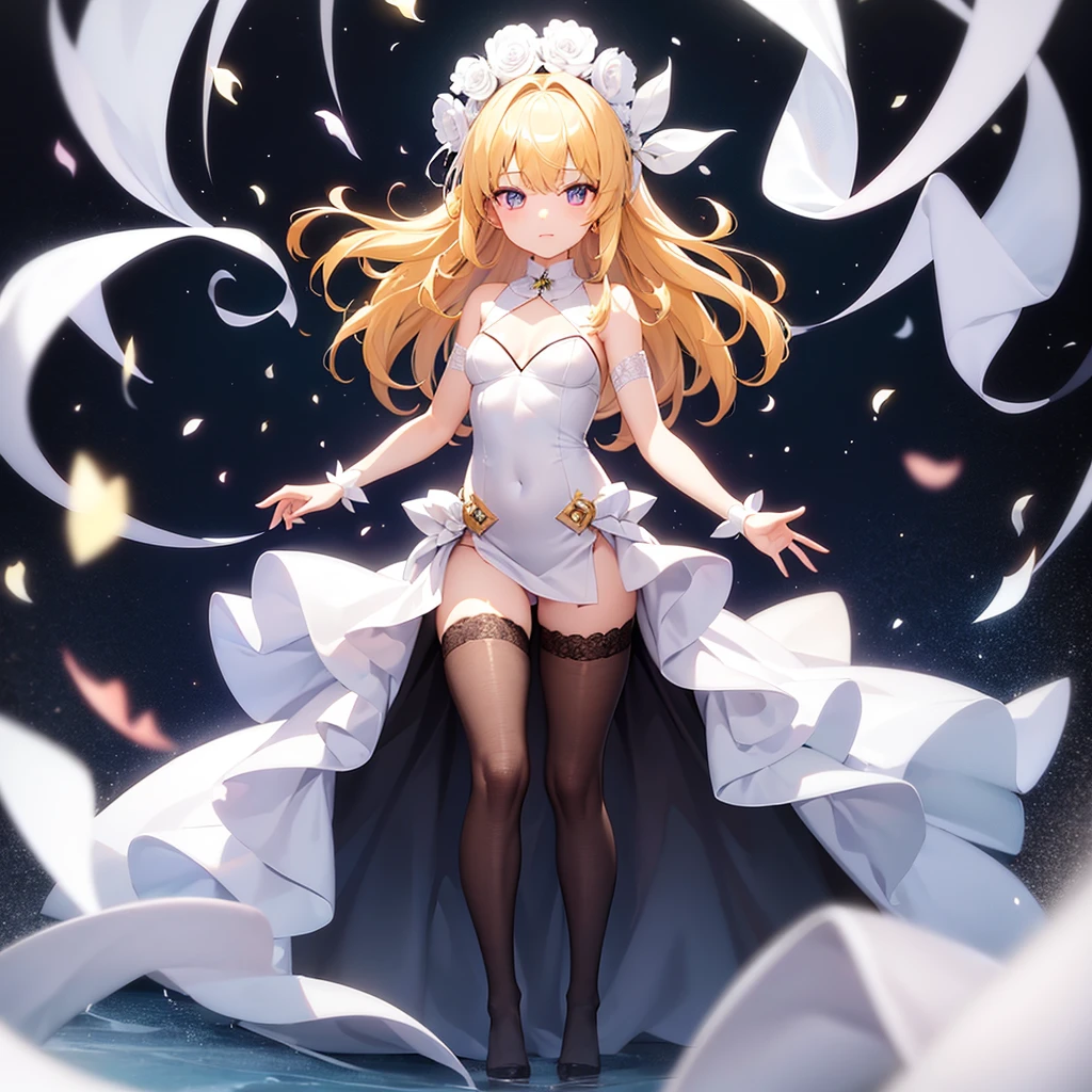 (((White Wedding Dress))), ((Revealing clothing)),((In a naughty way)),Cute little loli,Tiny Lori,Small girl,,Childish face, Very fine clean face,Top quality, Big eyes,Straight Hair,Yellow hair,Crimson Eye,(Dark Room), Subtle light, Natural light,Soft lighting,Light from directly behind, (Are standing), Cute pose, (Open your hands), Showing the whole body,Front view,Black background