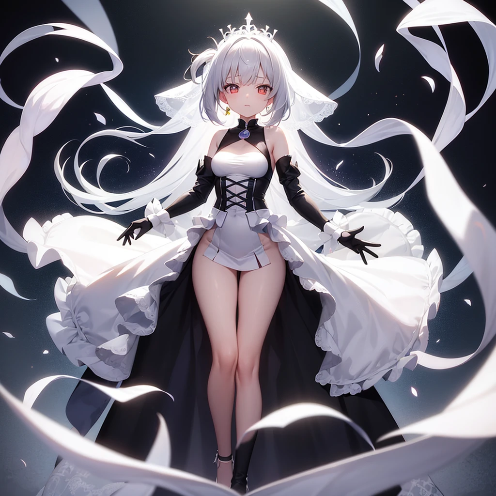 (((White Wedding Dress))), ((Revealing clothing)),((In a naughty way)),Cute little loli,Tiny Lori,Small girl,,Childish face, Very fine clean face,Top quality, Big eyes,Straight Hair,Yellow hair,Crimson Eye,(Dark Room), Subtle light, Natural light,Soft lighting,Light from directly behind, (Are standing), Cute pose, (Open your hands), Showing the whole body,Front view,Black background