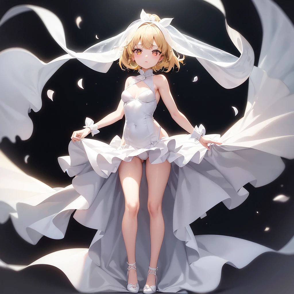 (((White Wedding Dress))), ((Revealing clothing)),((In a naughty way)),Cute little ,Tiny Lori,Small girl,,Childish face, Very fine clean face,Top quality, Big eyes,Straight Hair,Yellow hair,Crimson Eye,(Dark Room), Subtle light, Natural light,Soft lighting,Light from directly behind, (Are standing), Cute pose, (Open your hands), Showing the whole body,Front view,Black background