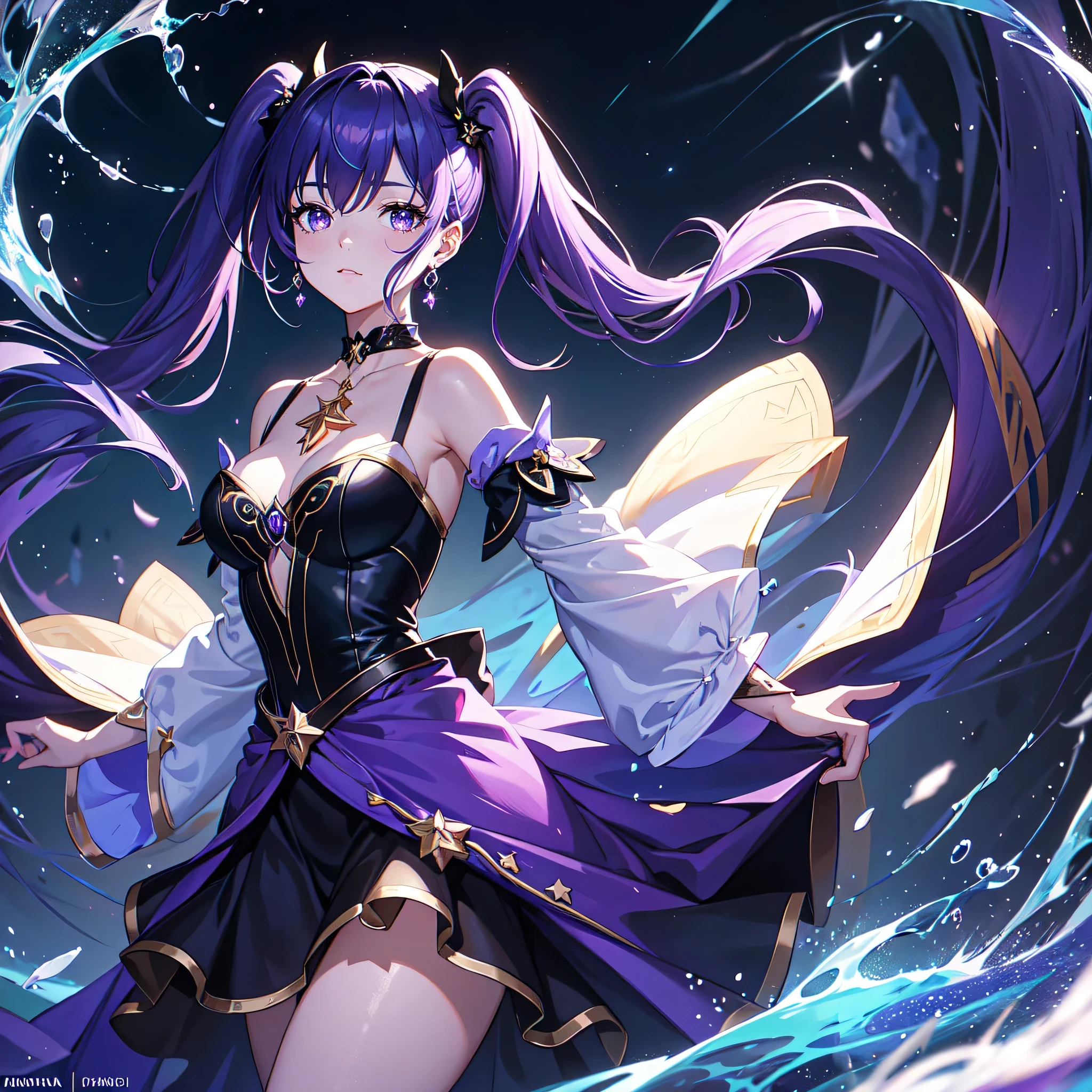 Masterpiece, top-quality, (detailed digital art: 8k resolution), The Starry Witch, Lone in the Corner, Mona (Genshin Impact), located in an outdoor scene at night. She is adorned with a striking choker, her hair cascading in twin tails, dark purple in hue, with strands falling between her eyes to frame her bright blue, shining eyes. A star symbol glimmers upon her chest, symbolizing her status as a witch and her association with water magic. She wears a captivating purple black dress that seamlessly transforms into a voluminous purple skirt, with a crisp white apron completing the ensemble. Her ensemble
