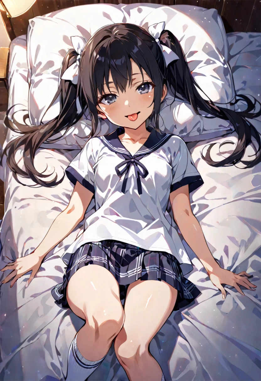 front view,1girl,Beautiful girl at 13 years old,Japanese,Slender,small breasts,Baby Face,Small face,Black Hair,Row Twin Tails,Gray Eyes,Drooping eyes,middle School girls,uniform,Summer clothes,Short sleeve,socks,shirt,ribbon,open mouth,tongue out,front face,Lying in bed,Lying on your back,Beautiful and detailed anime art,Mischievous smile,front view,high angle, looking at viewer, looking ahead, from above,face focus,Sexy vibe,cum on tongue,Dimly lit room,Beautiful room,On the bed,blurry background
