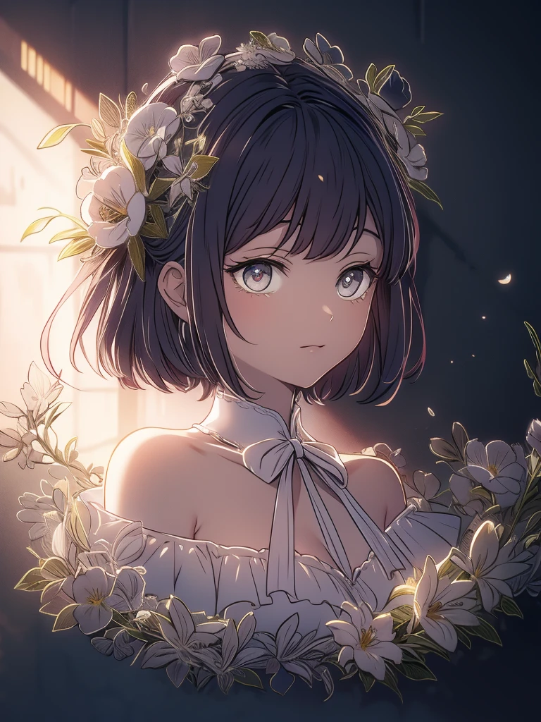 cleavage,Best quality, masterpiece, ultra high res, (photorealistic:1.4), raw photo, 1girl, white dress, off shoulder, white flower field, glowing skin, light smile