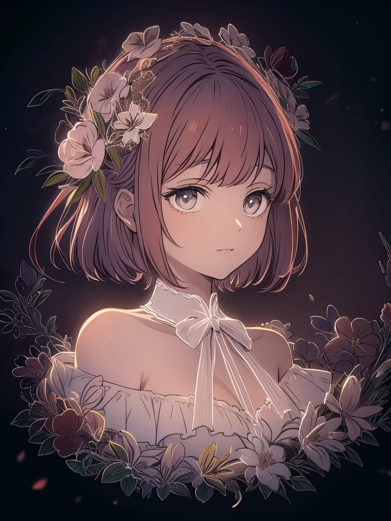cleavage,Best quality, masterpiece, ultra high res, (photorealistic:1.4), raw photo, 1girl, white dress, off shoulder, white flower field, glowing skin, light smile