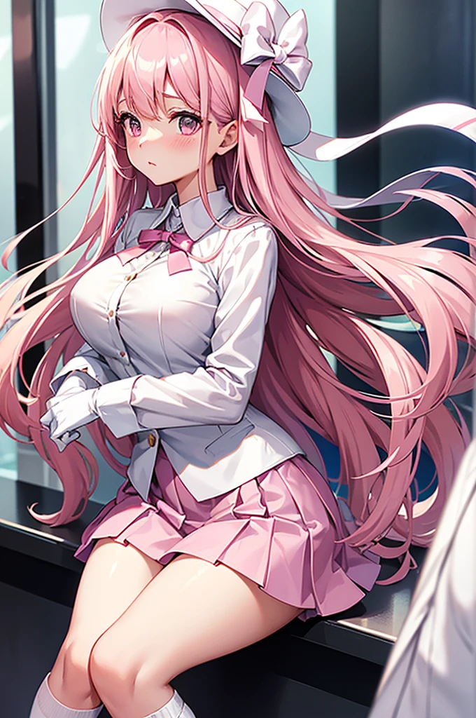 Highest quality、Elevator Girl、Shiny pink silk jacket、White blouse with big ribbon、Round collar、Micro Mini Skirt、Tight Skirt、A small round hat with a ribbon、Skinny、White gloves、White over-the-knee socks、Flushed Cheeks、Embarrassed look、Big Breasts、Hold the skirt with your hands