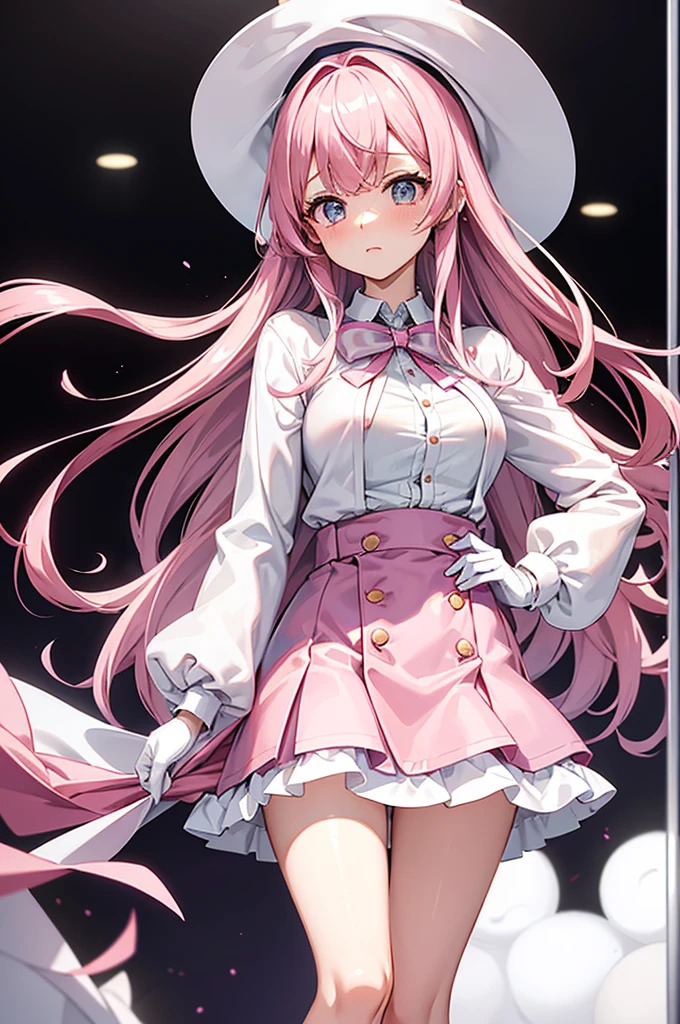 Highest quality、Elevator Girl、Shiny pink silk jacket、White blouse with big ribbon、Round collar、Micro Mini Skirt、Tight Skirt、A small round hat with a ribbon、Skinny、White gloves、White over-the-knee socks、Flushed Cheeks、Embarrassed look、Big Breasts、Hold the skirt with your hands