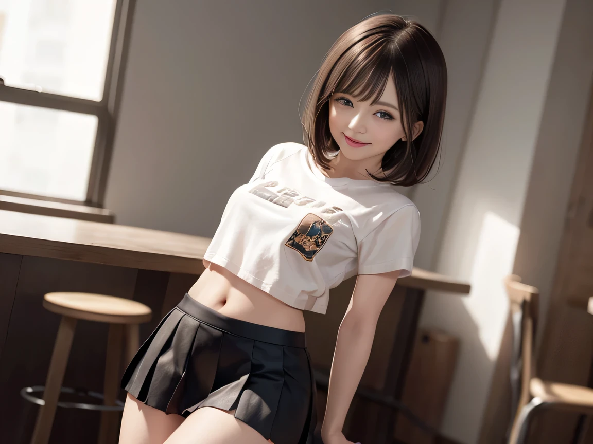 (8K, RAW Photos:1.2), Detailed face and eyes,最high quality, Ultra-high resolution, Very detailed ,Intricate details ,Tabletop ,pretty girl ,Round eyes、 Soft cinematic light, Hyper Detail,Sharp focus, high quality, Brown Hair,((Bobcut))、(Straight bangs)、amusement park、 ((Mini T-shirt))、(Pleated skirt)、”dwarf”、(Full Body Shot)、Waist、(I can see your thighs)、Cowboy Shot、 smile、I can see your belly button、