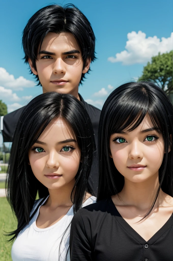 A girl and a boy with green eyes, black hair, anime
