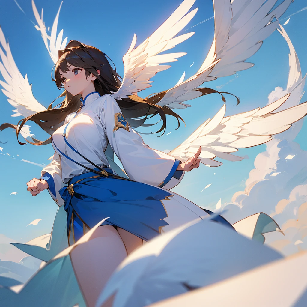 (high quality).(masterpiece)、(Loyal)Girl flying in the sky、has white wings、Big Breasts、blue sky、Big white wings