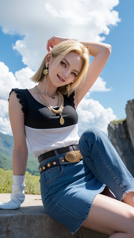 masterpiece, Highest品質, Very detailed, Absurd, Beautiful portrait of Android18DB, alone, Earrings, jewelry, denim, smile, belt, Highest, cloud, null, Day, skirt, Outdoor, gloves, necklace, ジーンズskirt, rock, Sitting with legs up,